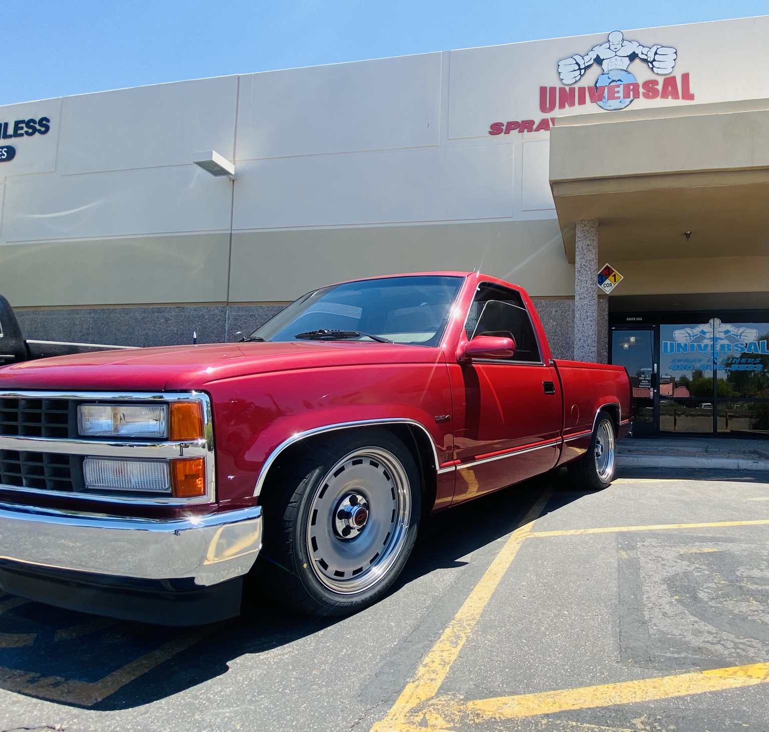 Red truck outside the family-owned Universal Linings shop